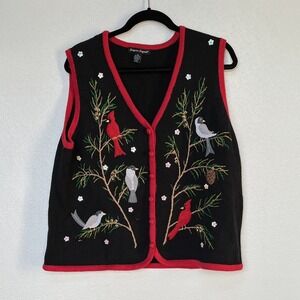 Designers Originals Sweater Vest Embroidery Holiday Cardinal Chickadees Birds XL